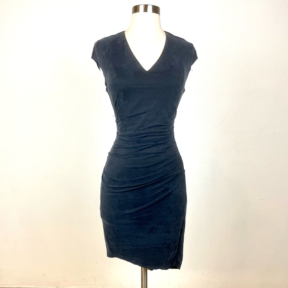 HELMUT LANG Torrent Cupro LBD Dress Washed Black Ruched V Neck Size P EUC